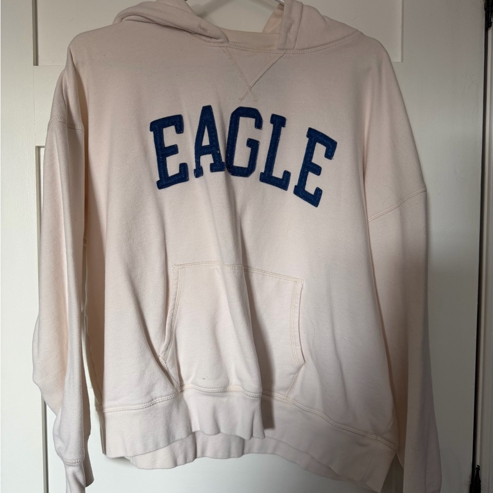American Eagle Outfitters Cream Hoodie with Blue Lettering